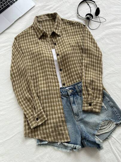 Elamini Vintage Jacquard Plaid Loose Long Cardigan Shirt