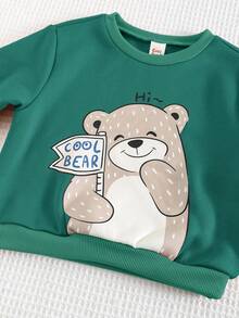 Cozy Pixies 两件套男婴卡通熊图案针织柔软圆领长袖套头衫和纯色保暖内衬裤套装