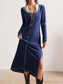 Bohemela Váy ôm cổ tròn tay dài dệt kim chắp vá thông thường dành cho nữ - Màu xanh hải quân - Xem 4