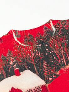 EMERY ROSE Christmas Best-Selling Knitted Top With Christmas Tree, Red House & Ski Resort Prints – Festive Vibe, Casual, Stylish & Versatile - Red - View 6