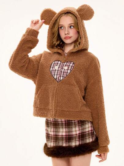 Kawaii Women's Casual Drop Shoulder Zip-Up Hooded Plaid Faux Fur Jacket With Bear Ears, Autumn/Winter