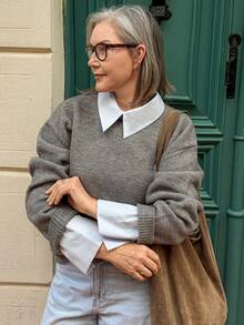 Vivie Lora Women's Colorblock Collared Loose Knit Sweater School - Grey - View 4