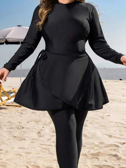 Swim Mulvari 大码纯色裹身宽松系带腰裙