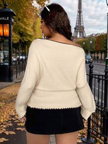 SHEIN EZwear 大码休闲简约撞色滚边提花针织套头毛衣，秋冬季 - 杏色 - 查看 2