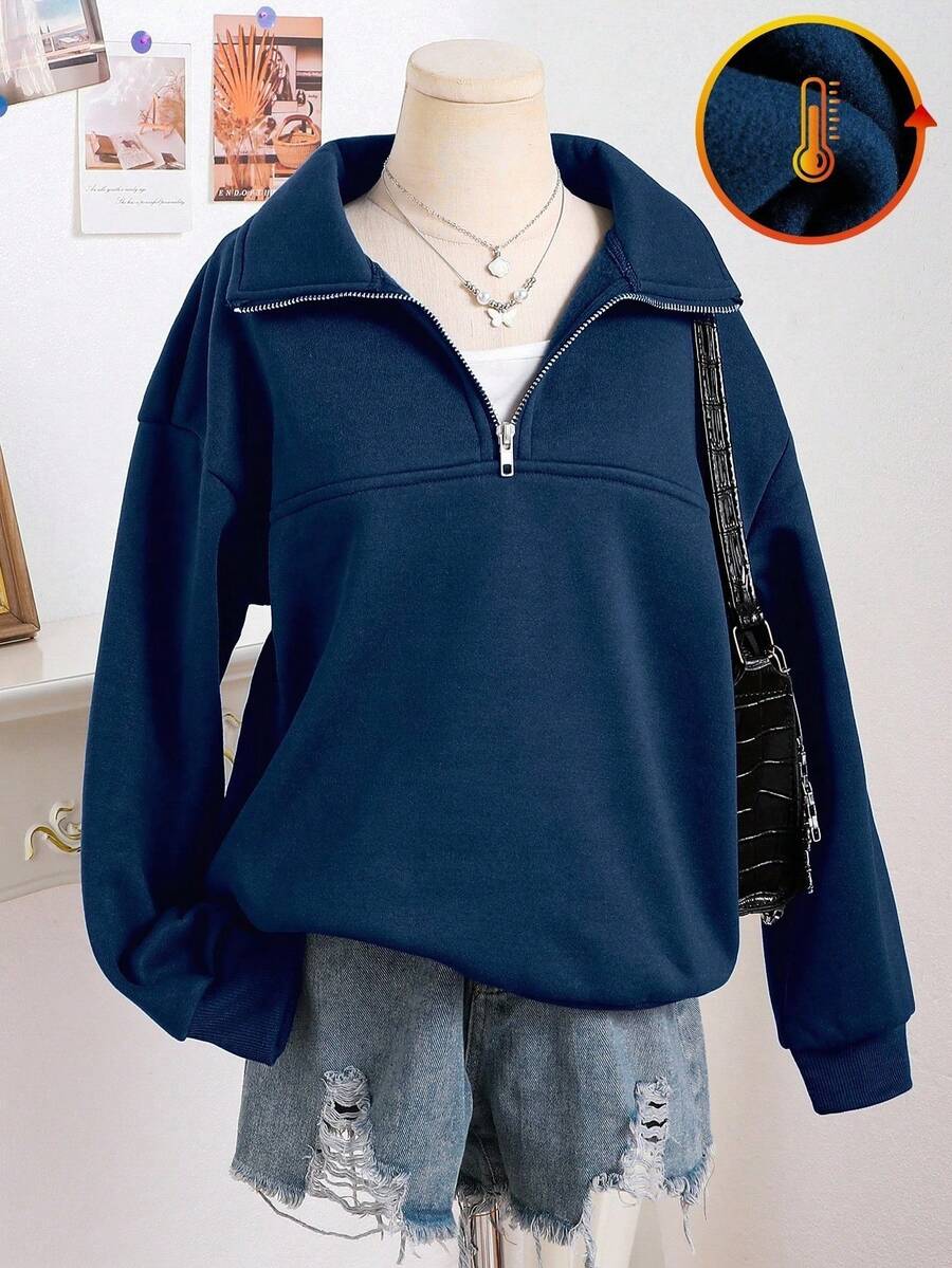 Sweetra Young Tween Girls' Casual Solid Color Fleece Sweatshirt, Autumn/Winter - Navy Blue - View 1