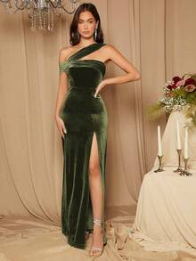 SHEIN Belle 纯色不对称领口侧开衩下摆优雅伴娘礼服 - 軍綠色 - 查看 3