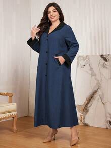 Al Najma Vestido Midi de Manga Longa Casual com Blocos de Cor e Decoração de Botões, Ajuste Folgado, Primavera/Outono, Plus Size - Multicolorido - Visão 3