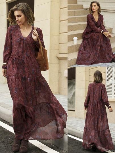 Hansera 女士优雅复古V领棕色佩斯利印花连衣裙，拼接褶皱长袖喇叭裙，优雅女士户外连衣裙，复古连衣裙，初秋连衣裙