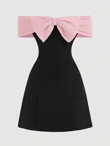 Girlism Tween Girls Contrasting Bowknot Shoulder Cutout Mini Dress, Black, Back-To-School, Fall Dresses, Homecoming Dresses - Pink - View 6