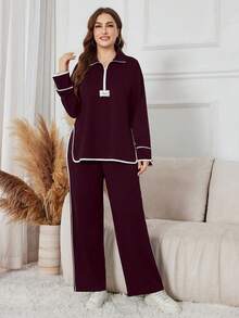 Modelyn Women's Black Stand Collar Half Zip Hoodie With Letter Patch, Loose Casual Two Pieces Set, Suitable For Autumn/Winter - Burgundy - View 5