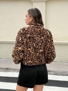Top holgado de manga larga con cremallera y media cartera, de estilo peluche con estampado de leopardo - Café integral - Ver 2