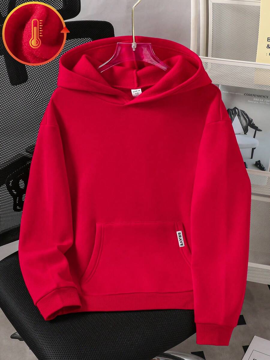 Tween Boys' Minimalist Casual Versatile Solid Color Loose Fit Sweatshirt, Autumn/Winter - Red - View 1