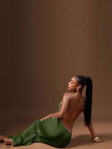 Denimoi Satin Backless Gold Chain Strap Cowl Neck Halter Top GNO Date Night Outfits Dinner Outfits - Olive Green - View 5