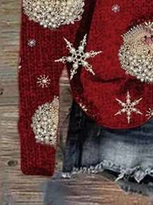 EMERY ROSE Damen Faux Dicker Pullover mit 3D Perlen Weihnachtsmann Muster, Lässig Rundhals Langarm Pullover, bequem für den Winter, geeignet für Weihnachtspartys und Familientreffen, perfekt für Weihnachten - Verschiedenfarbig - Übersicht 3
