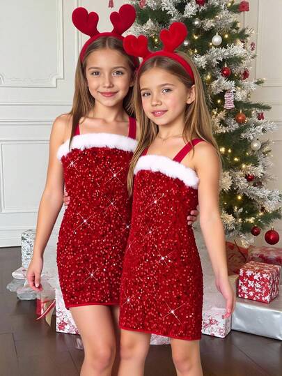 SHEIN Young Girls' Elegant Party Fitted Fashionable Spaghetti Strap H-Shape Versatile Dress, Christmas Sequin & Faux Fur Trim Dress, Shiny Velvet Sequin Spaghetti Strap Dress, Dress, Suitable For Christmas Party, Banquet, Aristocratic Style, Autumn/Winter, New Year Red Sequin Outfit Girls Kids Sequin Dress Christmas Girls Dress Red Christmas Dress Tweens Red Sequin Dress Girls Red Sequin Outfit Girls Christmas Leotard For Girls Red Sparkly Dress Dress Christmas For Baby Gỉl Baby Santa Outfit