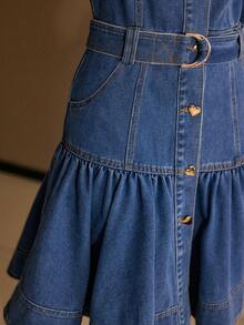 MOTF PREMIUM WOMEN'S LONG SLEEVE BELTED RUFFLE HEM SHORT DENIM DRESS, SPRING/SUMMER - Blue - View 2