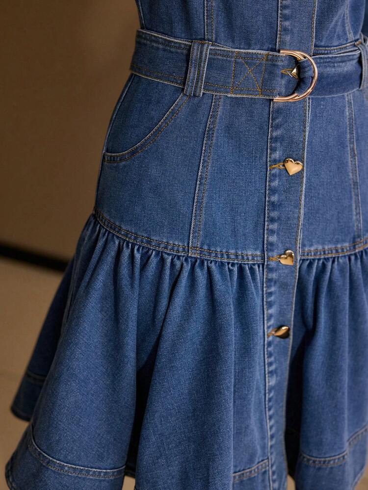 WOMEN'S LONG SLEEVE BELTED RUFFLE HEM SHORT DENIM DRESS, SPRING/SUMMER