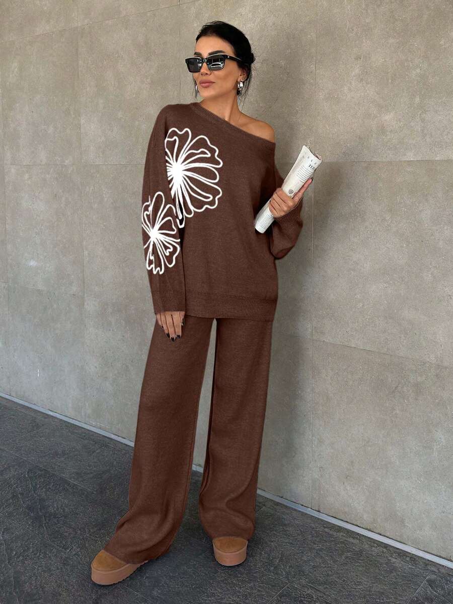 SHEIN Cottnline 女士纯色碎花圆领落肩套头衫和毛衣裤套装 - 彩色 - 查看 1