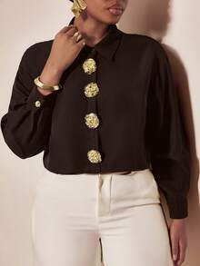 EMERY ROSE Plus Size Black Shirt With Elegant Metal Decor Button - Brown - View 7