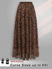 SHEIN CURVE+ 大码女式豹纹弹力腰雪纺A字裙，适合约会、度假 - 咖啡棕 - 查看 1