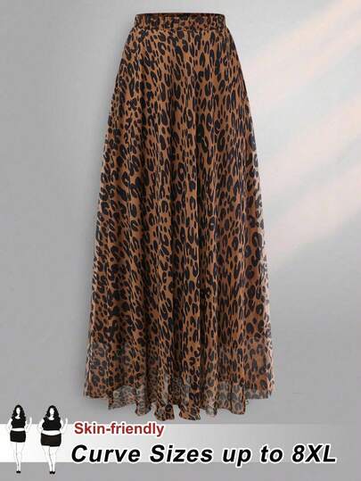 SHEIN CURVE+ 大码女式豹纹弹力腰雪纺A字裙，适合约会、度假