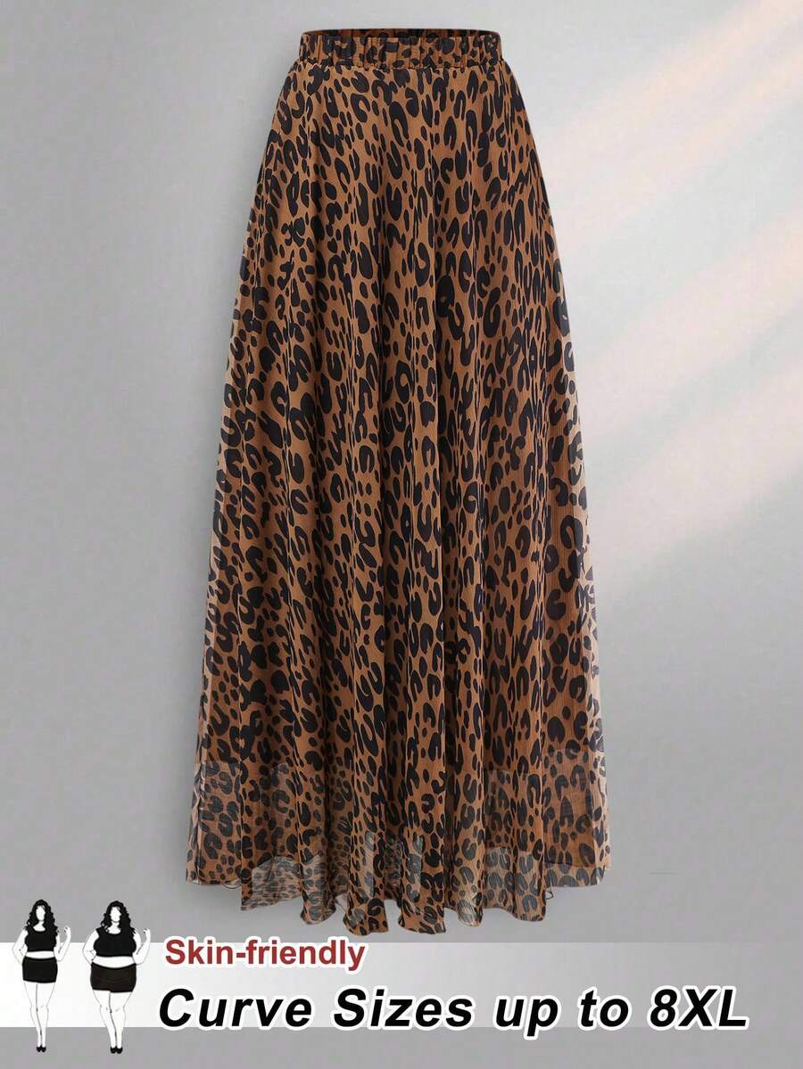 SHEIN CURVE+ 大码女式豹纹弹力腰雪纺A字裙，适合约会、度假 - 咖啡棕 - 查看 1