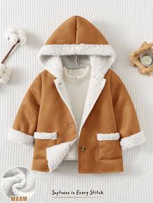Cozy Pixies Chaqueta con capucha de contraste de manga larga forrada térmicamente de gamuza para bebé niña, casual y versátil en otoño/invierno - Caqui - Ver 11