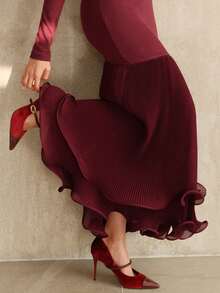 Anewsta 优雅舒适的针织连衣裙，纯色修身包臀连衣裙，褶裥鱼尾下摆，长袖女装 - 酒紅色 - 查看 4