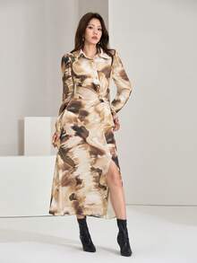 Heiryn Women's Tie-Dye Print Long Sleeve Ruched Waist Fashion Shirt Dress Earth Tone Dress Long Sleeve Dresses Woman - Brown - View 3
