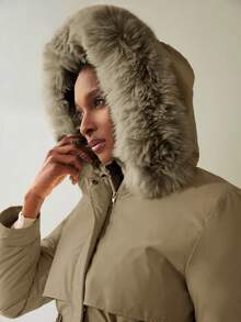 Aveloria Modichic Áo khoác nữ mùa đông cổ lông giả có mũ trùm đầu, màu trơn, có dây rút, thắt lưng, đệm lót - Màu Khaki - Xem 5