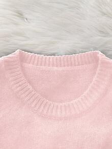 SHEIN 1件女童简约休闲优雅无袖开衩设计常规厚度圆领百搭黑色针织长款毛衣，日常休闲穿着，春秋季 - 粉色 - 查看 5
