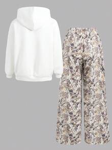 Girlism 少女连帽衫和卫衣套装，字母印花连帽衫+绿色军装风工装裤，休闲街头风穿搭，秋冬季，适合学校、校园、大学穿着。 - 彩色 - 查看 2