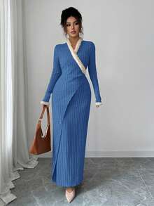 Elenzga Women's Elegant Fashion Commuter Casual Comfortable Charming Retro Gentle Romantic Long Sleeve Patchwork Fuzzy Cuff & Collar Decor Waist Fitted Solid Color Dress