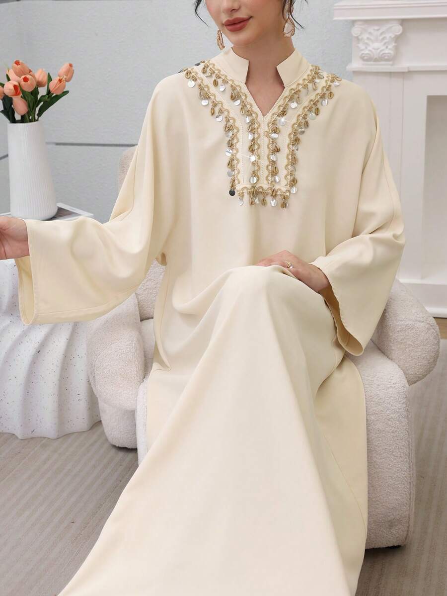 Al Najma 女士米色串珠饰边长裙，时尚日常土耳其连衣裙 - 杏色 - 查看 1