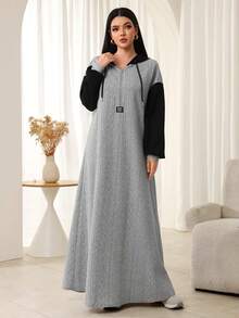 Al Najma Women's Textured Fabric Metal Zipper Front Hooded Loose Fashionable Dress, Autumn/Winter - Multicolor - View 8