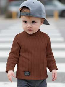 Baby Boy/Girl Basic High Neck High Elasticity Ribbed Brushed Thermal Fitted Long Sleeve Top, Suitable For Winter Layering - Brown - View 9