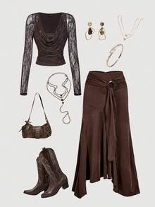 SHEIN MOD Maglietta a maniche lunghe aderente con colletto arricciato in pizzo marrone autunnale da donna - Castano - Visualizzare 8