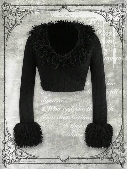 Y2Kool BiGraphic Y2K Dark Streetwear Style Cropped Tie-Up Sweater With Furry Collar, Suitable For Autumn/Winter Parties, Gatherings And Casual Wear Stylish Clothing Collection New Year Outfits