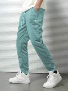 EURMUSE Pantalones de chándal con cordón y estampado de letras para hombres de algodón - verde menta - Ver 3