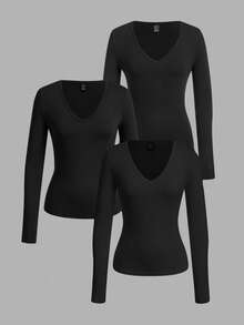 SHEIN EZwear Bộ 3 áo thun dài tay bó sát cổ chữ V sâu cho nữ, màu đen - màu đen - Xem 3