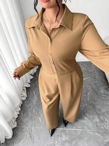 SHEIN Elenzya Casual Loose Jumpsuit With Pleated Design - Khaki - View 6