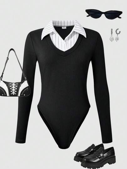 SHEIN Sparklyn This Is A Youthful, Form-Fitting, Collar-Style Striped All-In-One Pants Set. It Features A Combination Of Black And White Color Blocks, Mimicking The Look Of A Two Pieces Triangular All-In-One Pants. This Casual, Everyday Spring Outfit Is Perfect For Casual Wear. Black Knitted, Form-Fitting All-In-One Garment With A Tailored Fit. Suitable For Wearing Alone During Spring Or Layered With Outerwear During Autumn And Winter.
