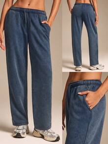 GLOWMODE 日常穿着舒适柔软轻盈保暖抓绒运动裤，阔腿设计，侧边口袋，可调节抽绳腰带，适合秋冬季户外日常休闲穿着 - 深色水洗藍 - 查看 6