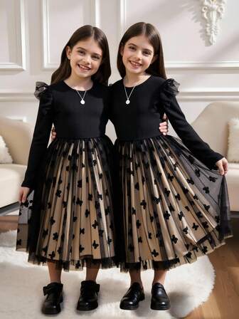 SHEIN Girls' Elegant Ladylike Vacation Cap Sleeve Mesh Ribbed Floral Mesh Dress