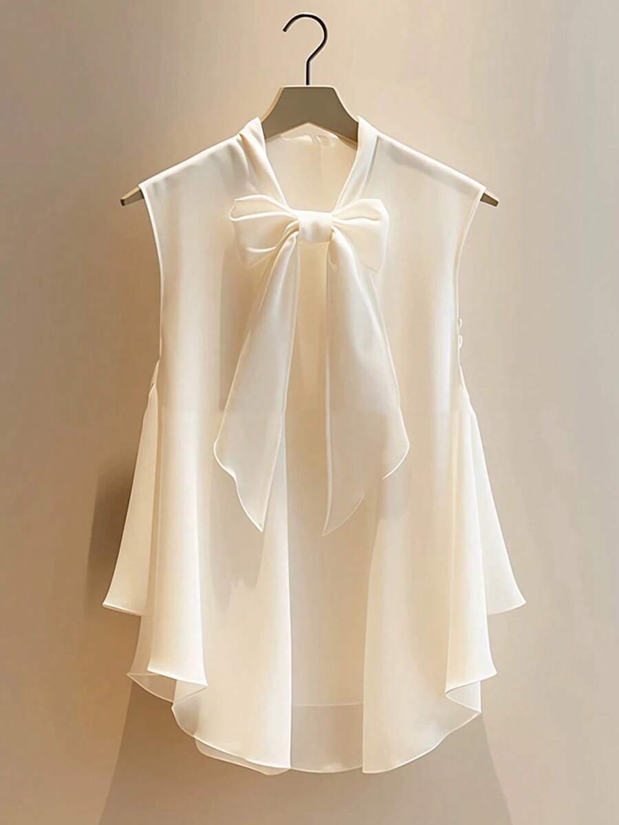 SHEIN Clasi 时尚新款夏季无袖蝴蝶结领雪纺荷叶边白色女衬衫 - 白色 - 查看 1