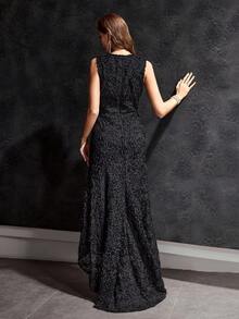 MOTF Soiréza 3D FLORAL APPLIQUES SHORT FRONT LONG BACK SLEEVELESS DRESS, SUITABLE FOR WEDDING, PARTY, BANQUET - Black - View 4