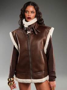 Normani Giacca di moda con inserti in pelliccia sintetica, trapuntata in pile, imbottita, con rivestimento  e fodera in borg - Castano - Visualizzare 7
