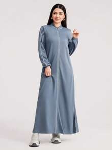 Veilorie Đầm dài tay rộng rãi phong cách Ả Rập có khóa kéo phía trước dành cho nữ - Xám - Xem 6