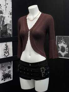 EgrlEra Áo khoác cardigan màu nâu thường ngày cho nữ, tay áo 3/4 - màu nâu - Xem 3