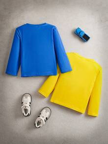 Transformers X SHEIN 男童两件套时尚休闲机器人印花圆领长袖针织T恤，黄蓝配色